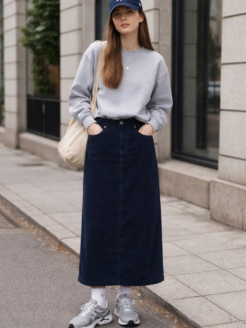 Northern Reflections corduroy maxi skirt 4 navy slit minimalist preppy office